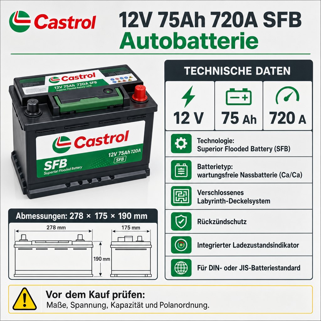 Castrol 12V 75 Ah Autobatterie Starterbatterie ersetzt 70Ah 72Ah 74Ah 77Ah 80Ah