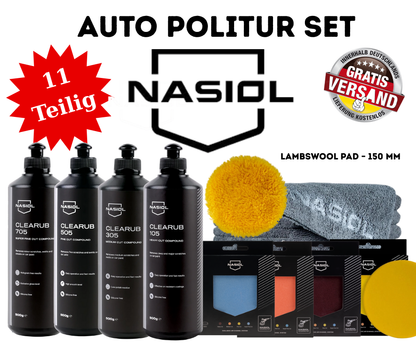 Nasiol Clearub Auto Politur Set-11 Teilig 4x500g Clearcut Polierpads All Inklusive
