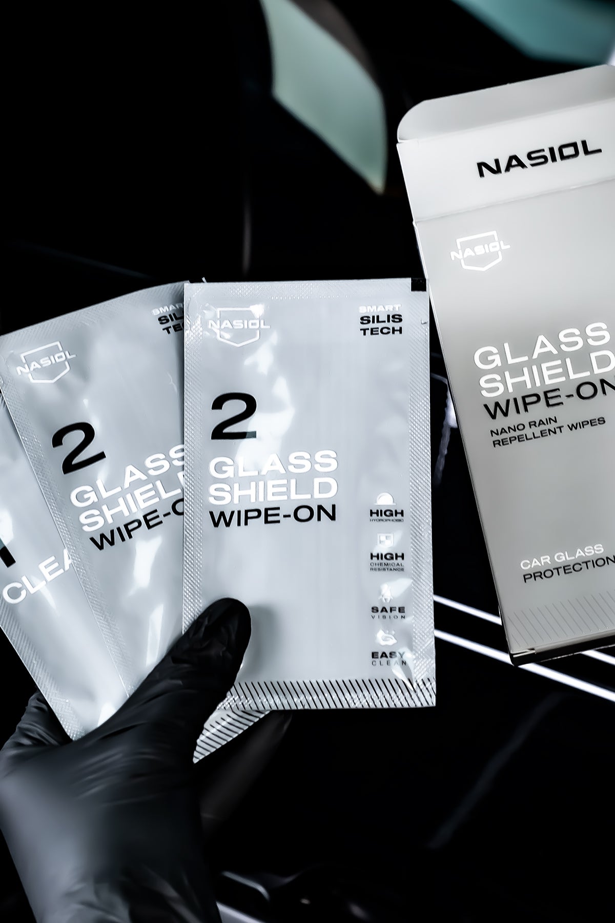 Nasiol GlassShield Wipe-On Tücher – Nano-Regen- und Schmutzschutz für Autoscheiben